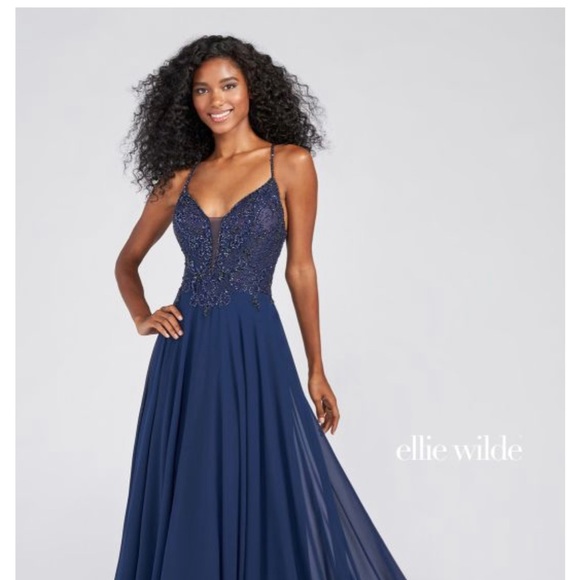 ellie wilde Dresses & Skirts - Ellie Wilde Mon Cheri Beaded Top Evening dress Navy Blue Size 10